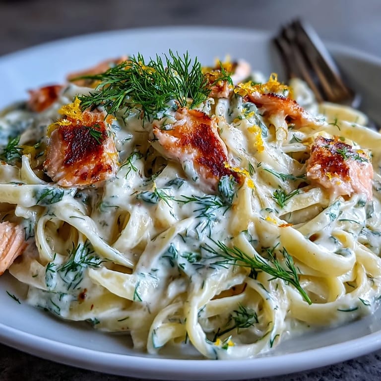 Creamy Salmon Pasta in a skillet, lemon zest and Parmesan over silky pasta.