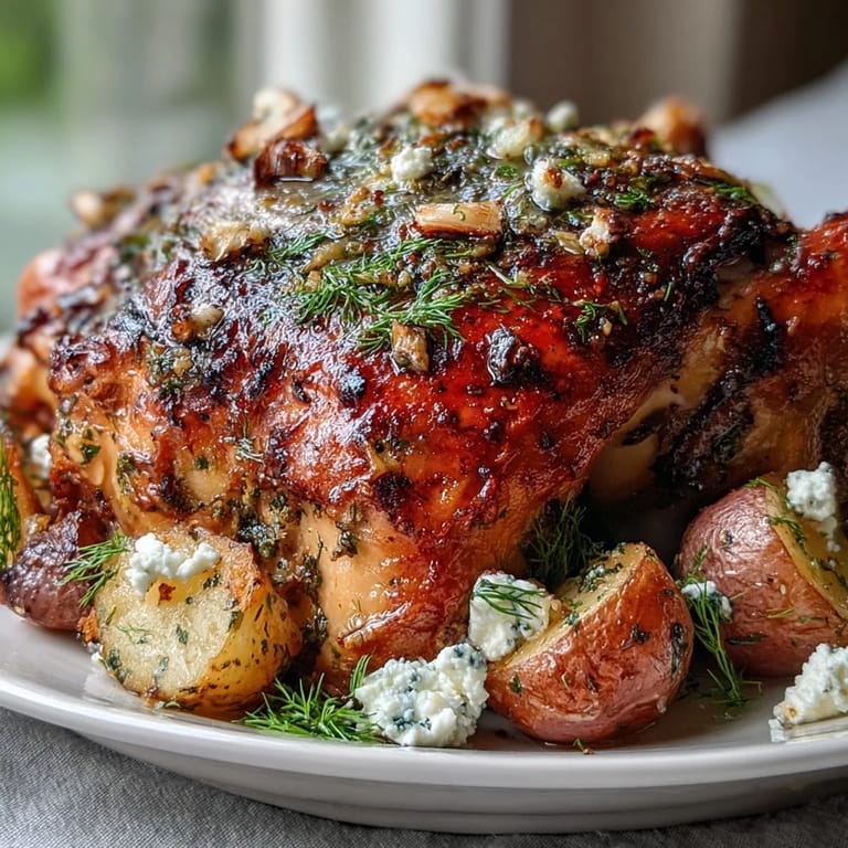 A close-up of the roasted chicken with lemon wedges and fragrant herbs on a rustic table.  
