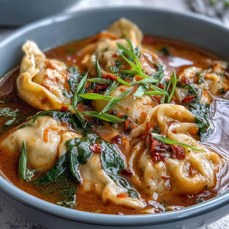Close-up of Red Curry Wonton Soup With Greens, highlighting colorful carrots and bok choy floating in the fragrant, coconut curry broth.