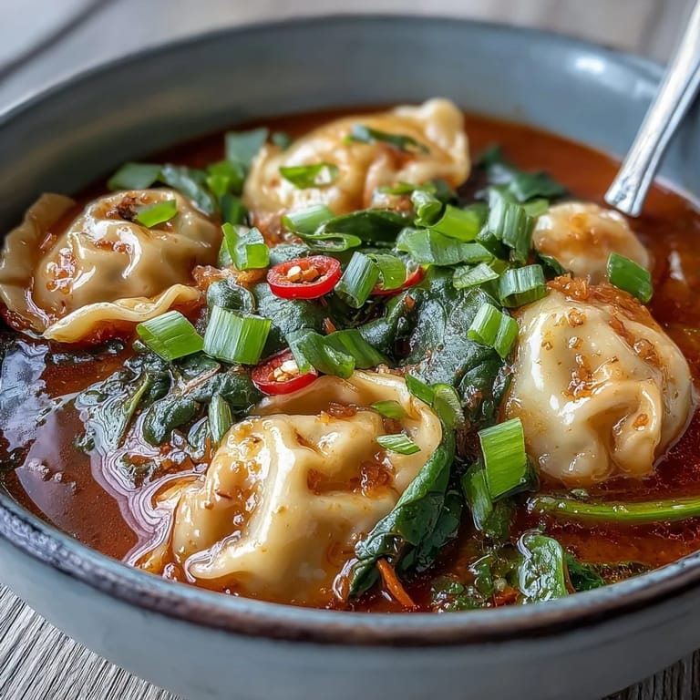 Steaming bowl of Red Curry Wonton Soup With Greens, garnished with fresh scallions and cilantro, served with lime wedges for a bright finish.