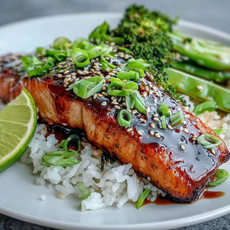 A close-up of glazed salmon fillets garnished with toasted sesame seeds and green onions, served with lime wedges for a bright squeeze.