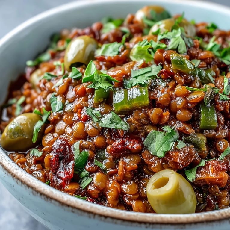 Colorful vegan Cuban-Inspired Lentil Picadillo garnished with fresh cilantro and red onions on a plate.
