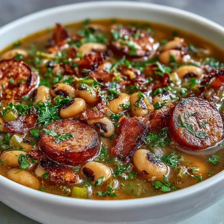 Southern-Style Black-Eyed Peas served in a rustic bowl alongside a wedge of golden cornbread and hot sauce.  