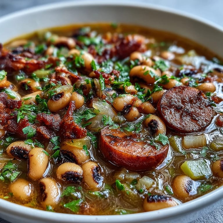 A hearty pot of Southern-Style Black-Eyed Peas with smoky sausage and aromatic vegetables, steaming invitingly.