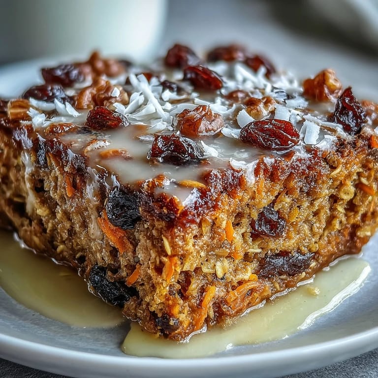 A warm slice of Carrot Cake Baked Oatmeal served with Greek yogurt and a drizzle of maple syrup.