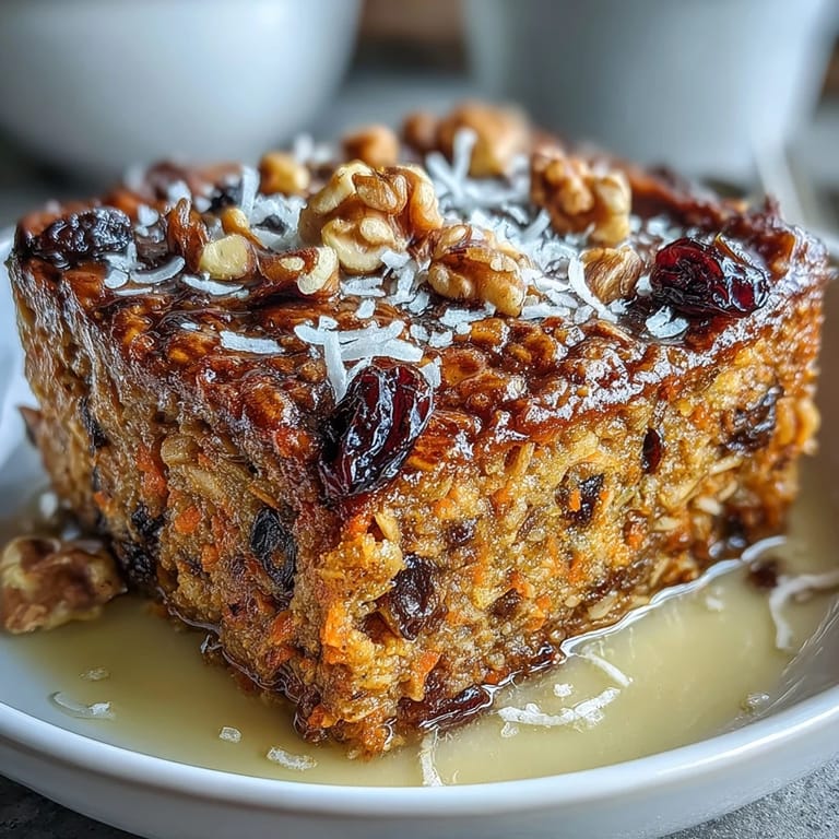 A square of Carrot Cake Baked Oatmeal showing its hearty texture with raisins and a golden oat topping.