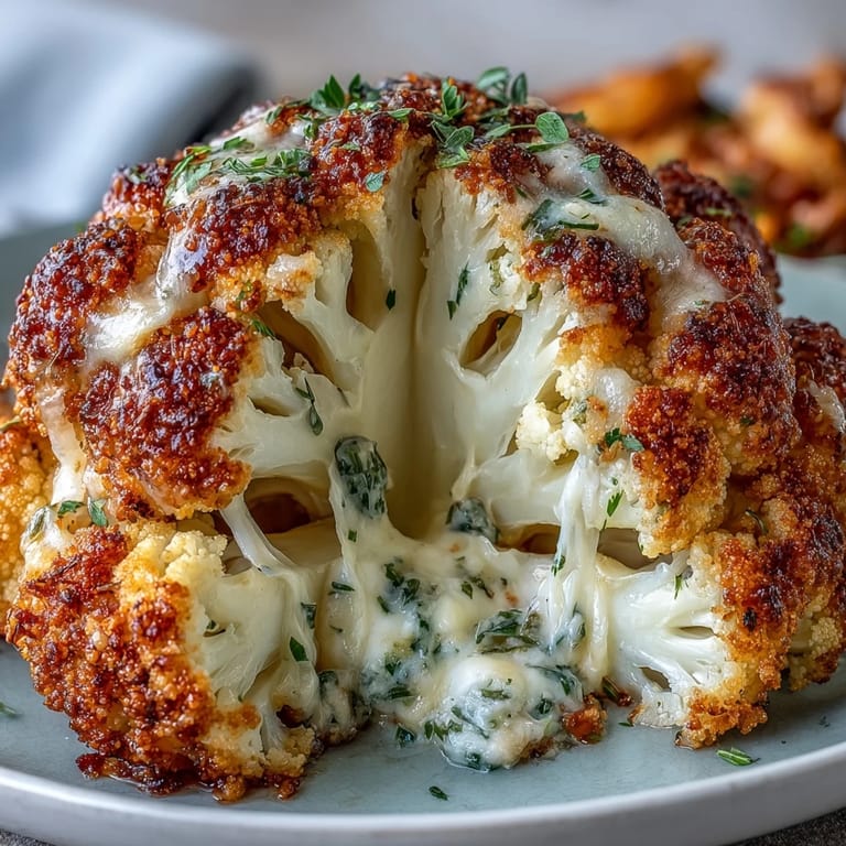 Whole roasted Cheesy Stuffed Cauliflower Head garnished with fresh chives and warm melted cheese.