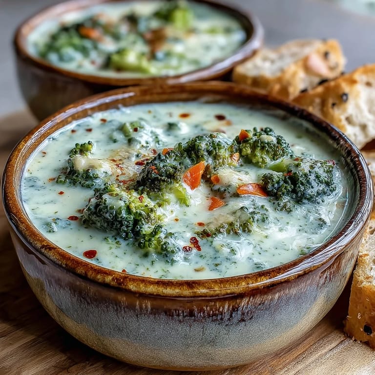 Fresh broccoli florets and sharp cheddar cheese melt into a comforting American Broccoli Cheddar Soup garnished with black pepper.