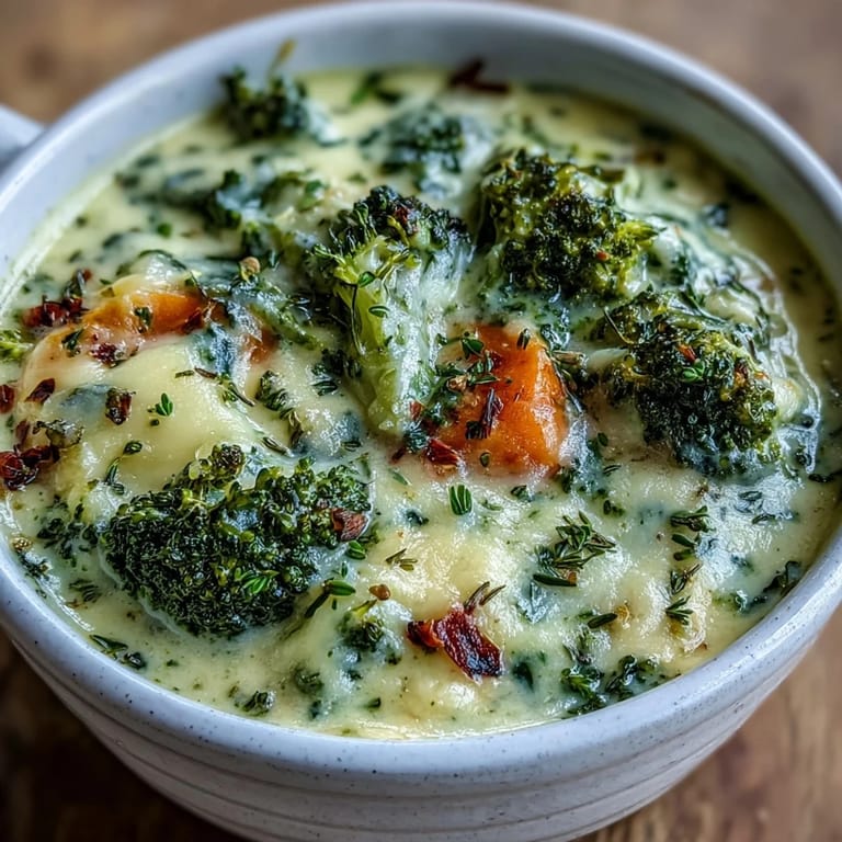 A spoon dips into velvety roasted broccoli cheddar soup, with carrots and herbs visible beside crusty bread.