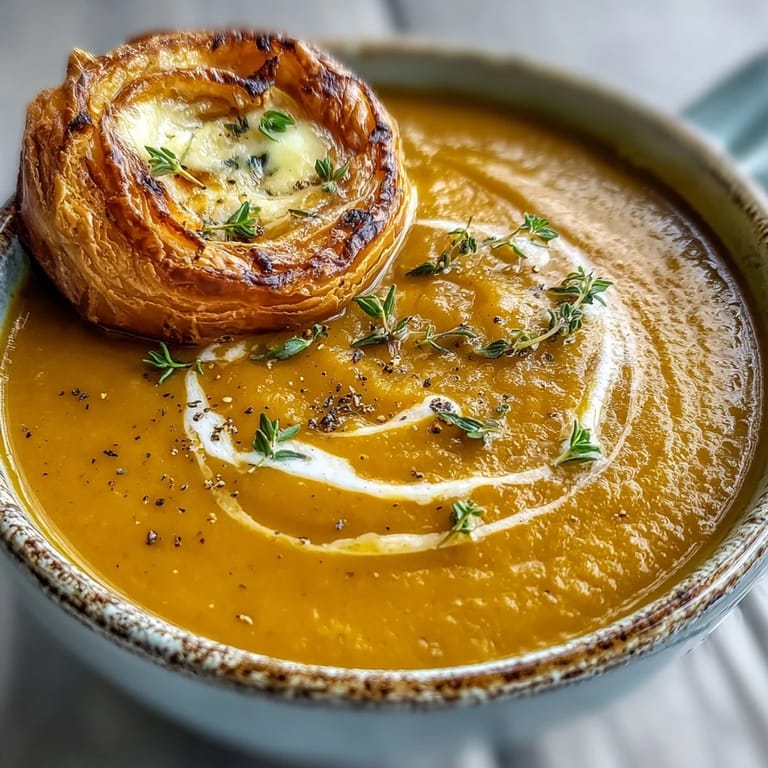 A bowl of velvety Broccoli and Butternut Squash Soup, garnished with fresh thyme alongside a warm, cheese-filled pastry. 