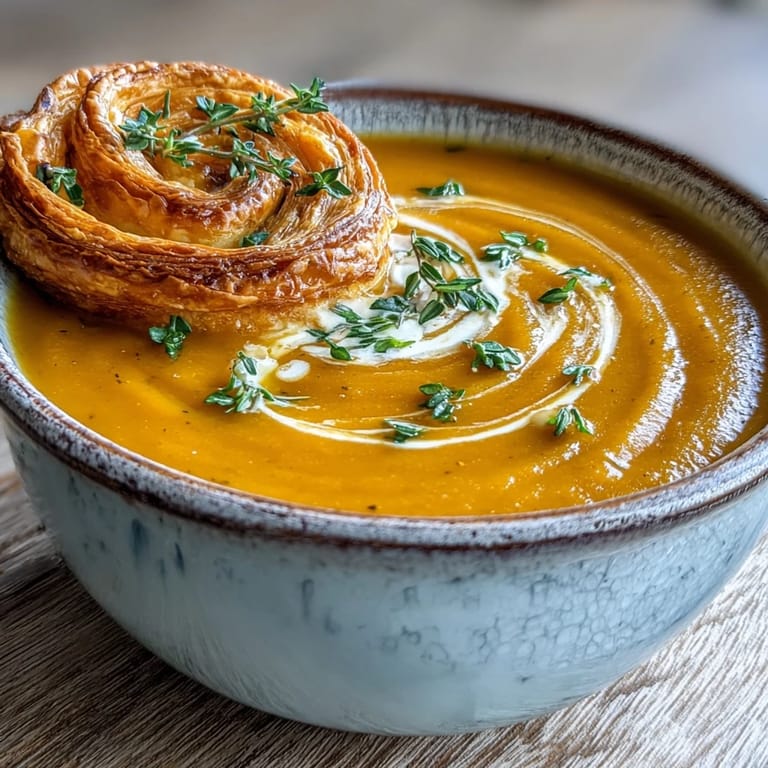 Close-up of Creamy Broccoli and Butternut Squash Soup With Pastries served with a crisp, baked puff pastry rectangle for dipping.