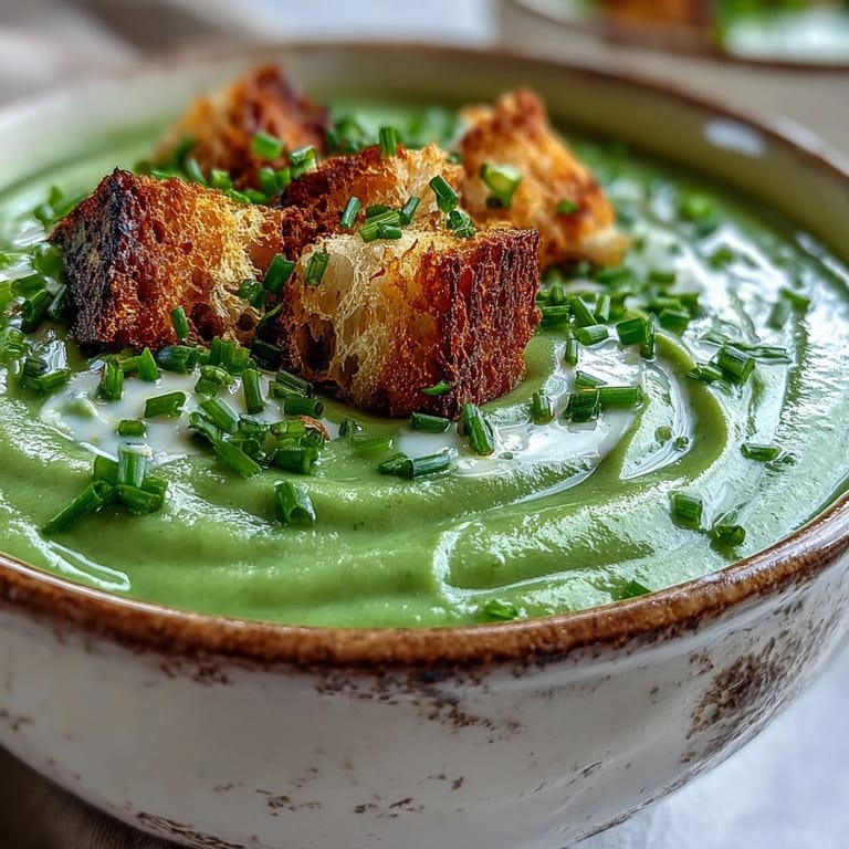 Rich cream of broccoli soup served hot, garnished with fresh chives and a drizzle of heavy cream.