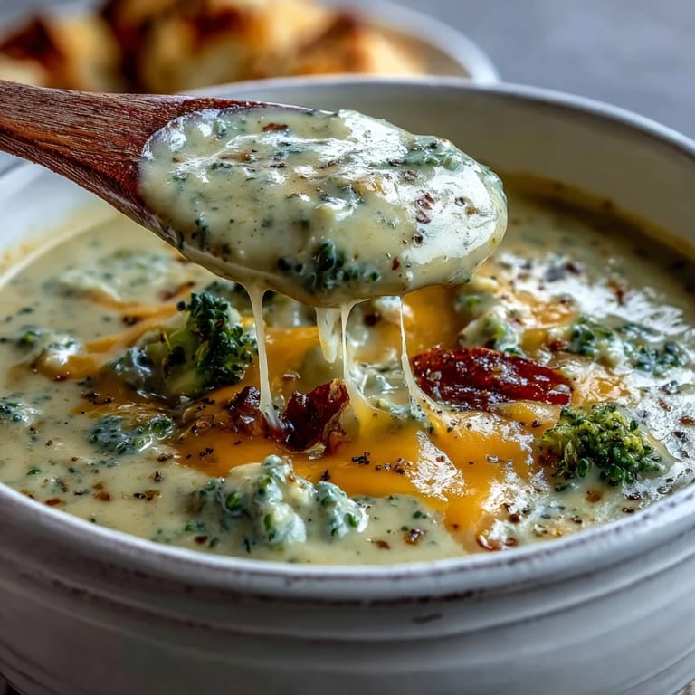 A ladle pours velvety Butternut Squash Broccoli Cheddar Soup into a bread bowl, steam rising above.