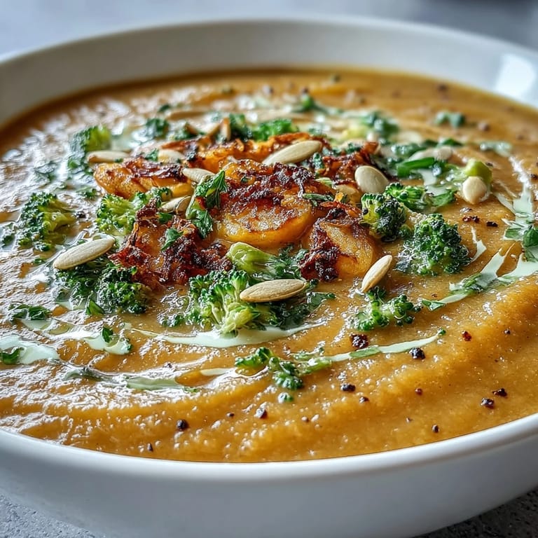 Roasted Broccoli and Butternut Squash Soup featuring tender roasted vegetables, blended until smooth, topped with toasted pumpkin seeds for crunch.