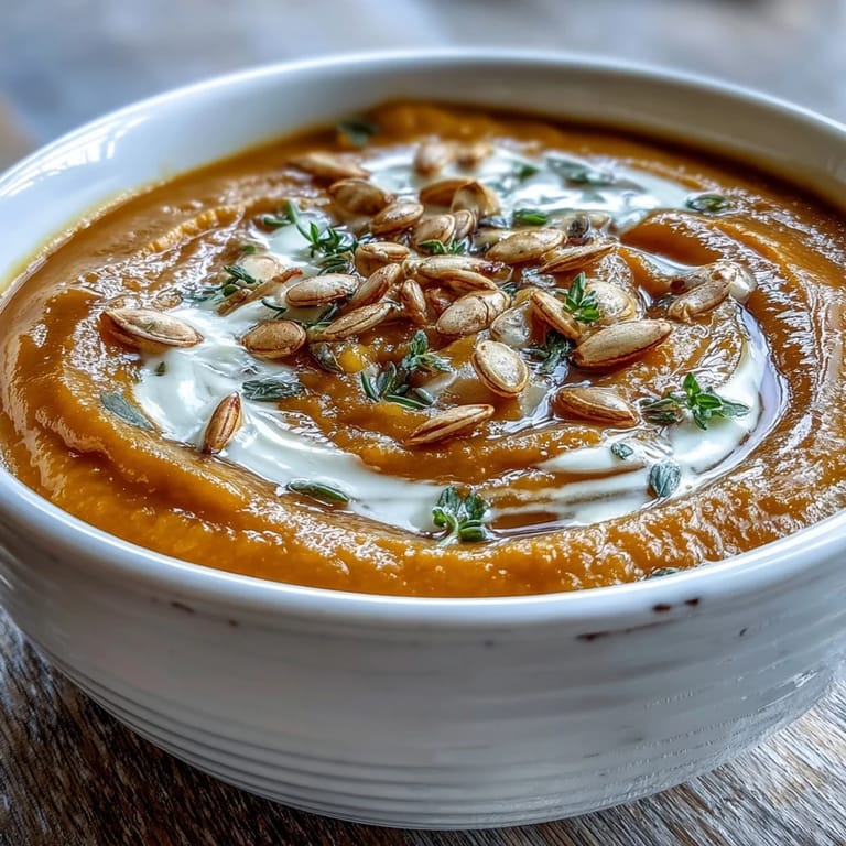 A spoon dips into velvety Butternut Squash and Apple Soup next to a crusty slice of bread.
