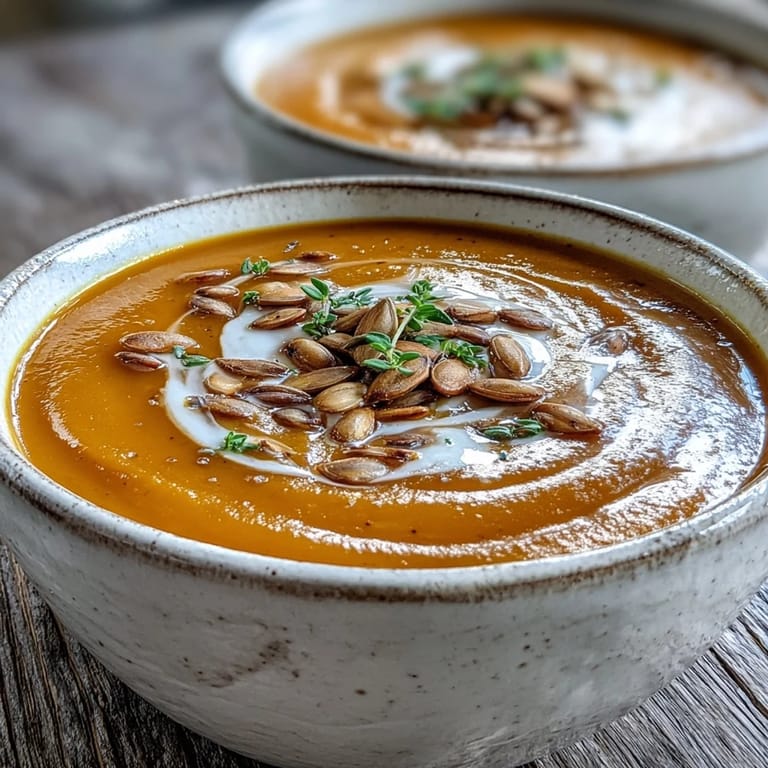 A bowl of warm Easy Roasted Butternut Squash Soup drizzled with heavy cream.