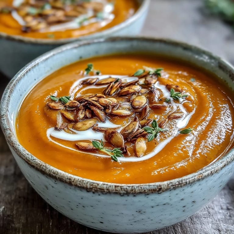 Pureed Easy Roasted Butternut Squash Soup served with crusty bread on a rustic table.