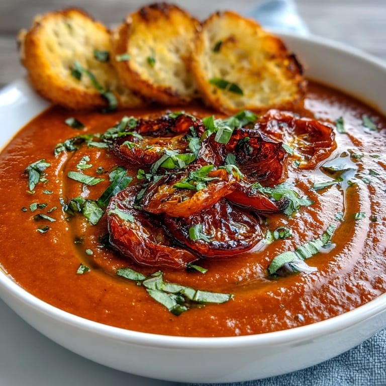 Close-up of silky roasted tomato basil soup served with a slice of toasted bread.