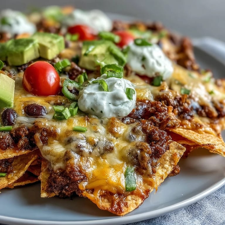 Hot Baked Nachos with savory beef, bubbling cheese, and cool sour cream on a rustic serving platter.