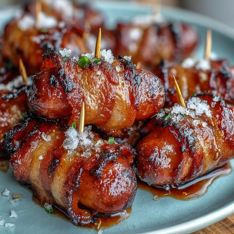A close-up of Bacon-Wrapped Smokies showing crispy, crinkled bacon edges and juicy sausage centers on a white serving platter with toothpicks.