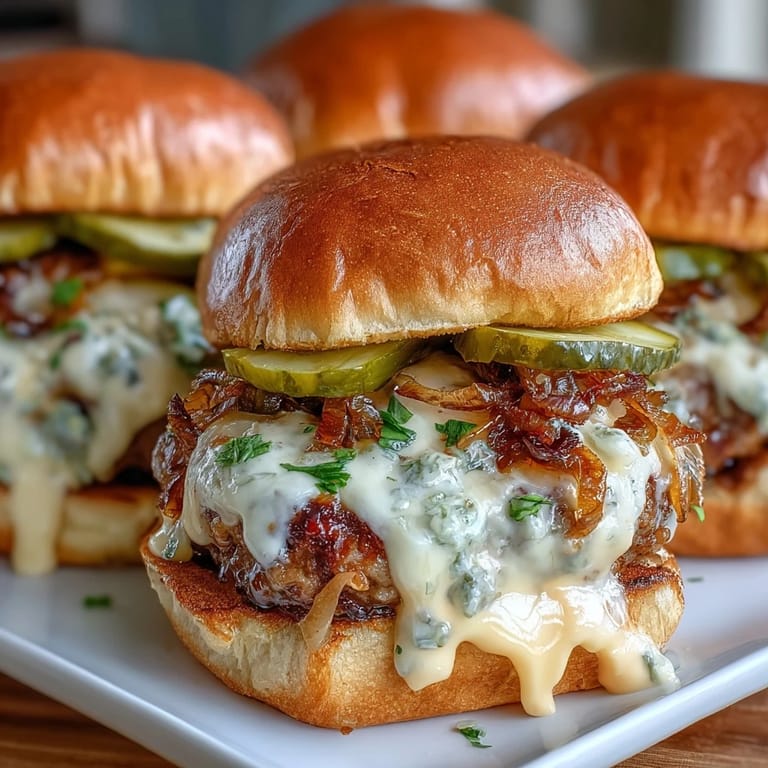 Juicy Touchdown Brat Sliders with pickles and melted beer cheese on toasted slider buns.