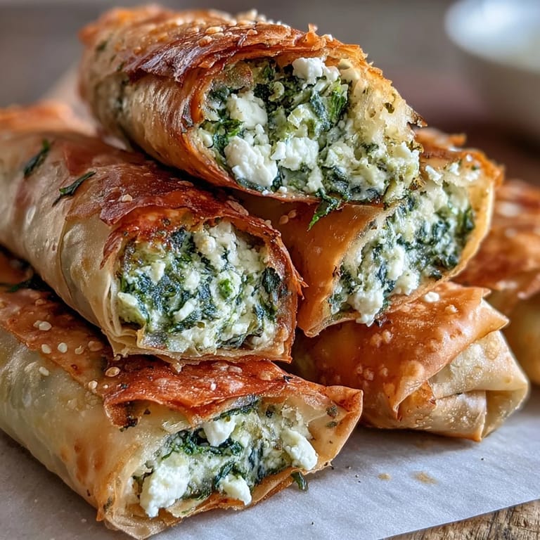 Crispy, hand-rolled Spanakopita Spring Rolls reveal a steaming, savory filling of spinach, feta, and herbs on a rustic wooden board.