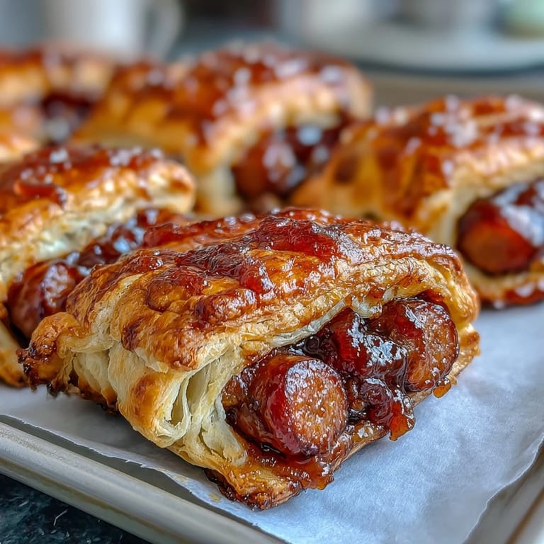 Savory cocktail sausages wrapped in buttery puff pastry brushed with a shimmering sweet and spicy glaze.