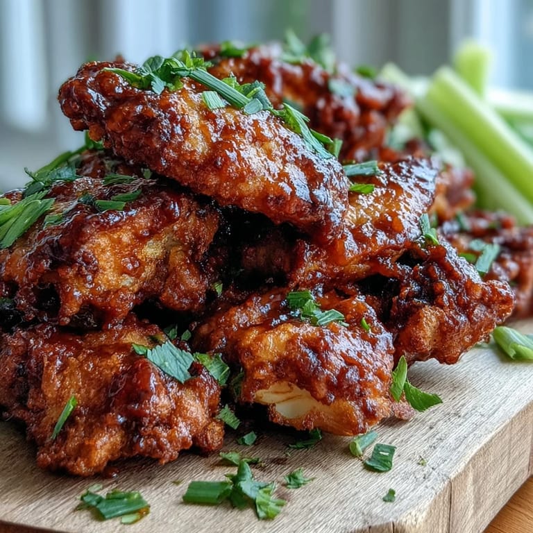 Sizzling Fried Chicken Wings coated in smoky BBQ sauce, paired with ranch dressing for a game-day snack.