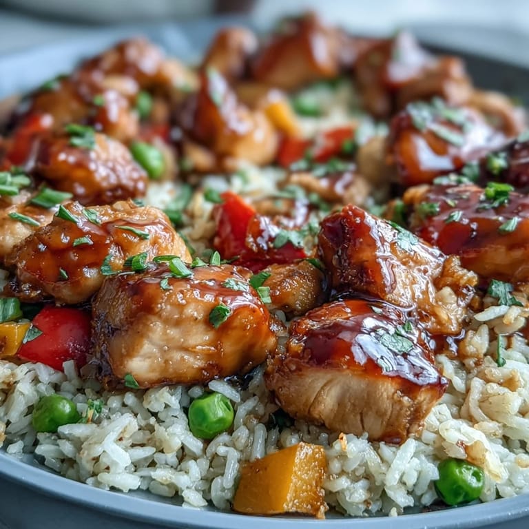 Steam rises from a hearty serving of One-Pan Bold Honey BBQ Chicken Rice featuring savory sauce and bright veggies.