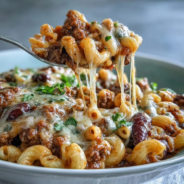 A spoon lifts a creamy, gooey serving from the pot, revealing hearty macaroni and beef.
