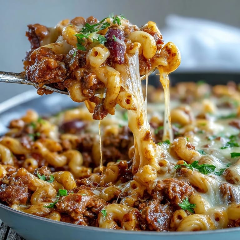 A cozy bowl of One-Pan High Protein Chili Mac with sour cream and crushed tortilla chips.