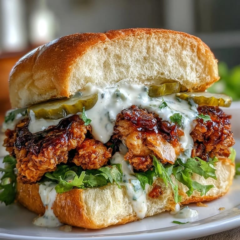 Golden-brown fried chicken breast on a buttery brioche bun drizzled with creamy spicy sauce for an indulgent meal.