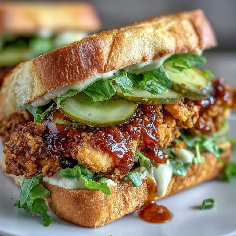 Homemade spicy chicken sandwich served with fresh lettuce, pickles, and a side of crispy fries and creamy sauce.