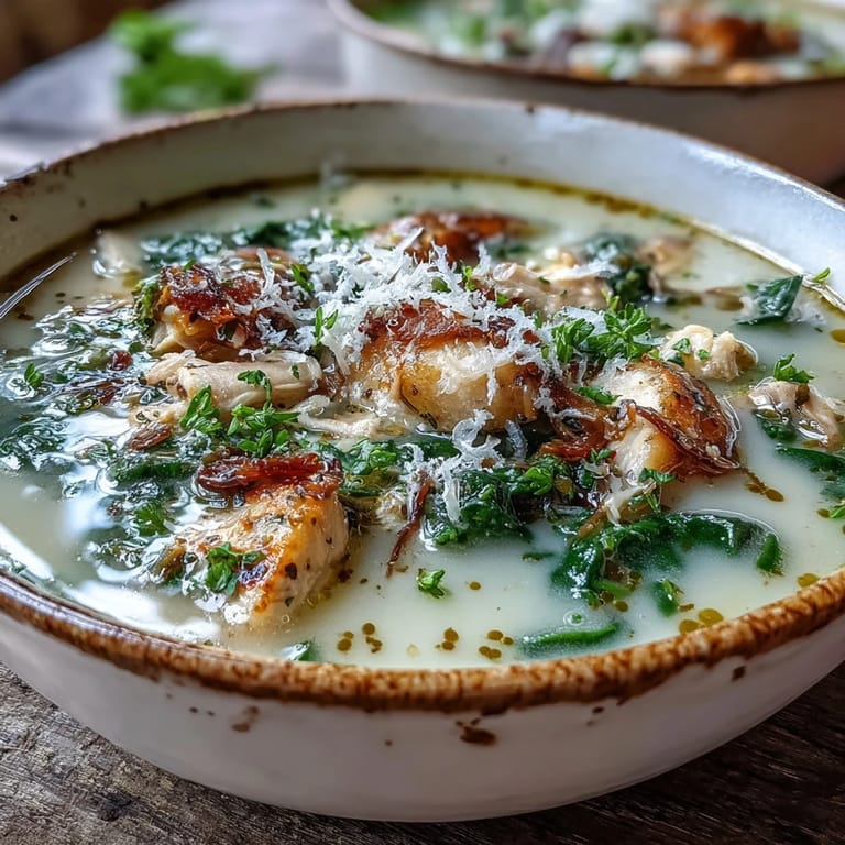 A cozy bowl of Garlic Parmesan Chicken Soup topped with fresh parsley and extra Parmesan, next to crusty artisan bread.