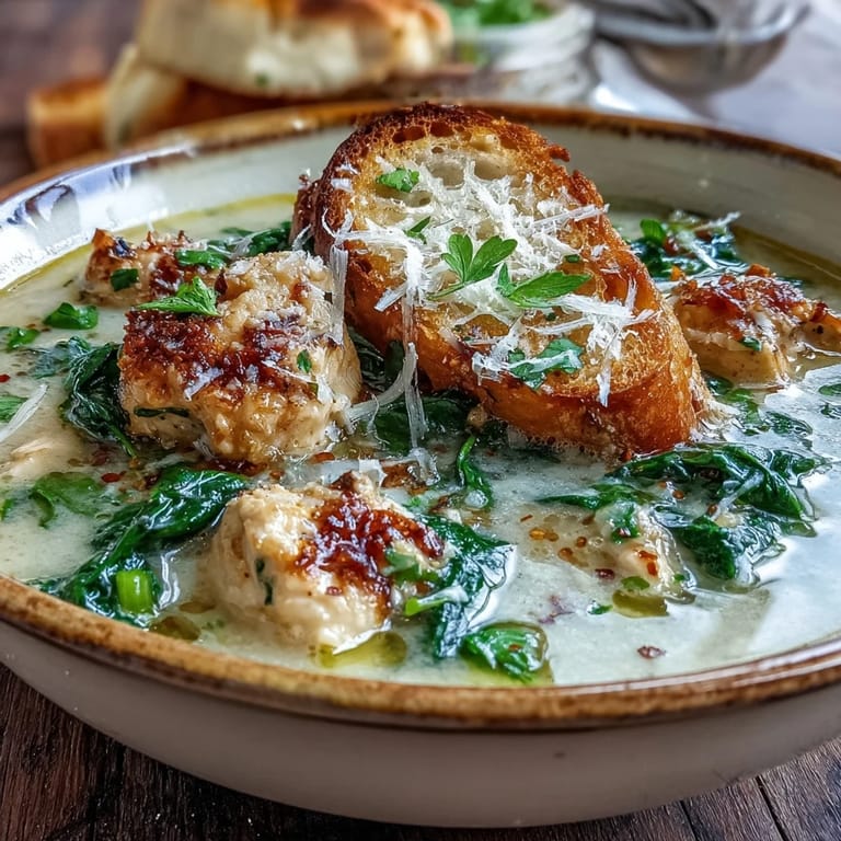 Velvety Garlic Parmesan Chicken Soup simmering with fresh spinach, served with a spoon and rustic bread for a comforting dinner.