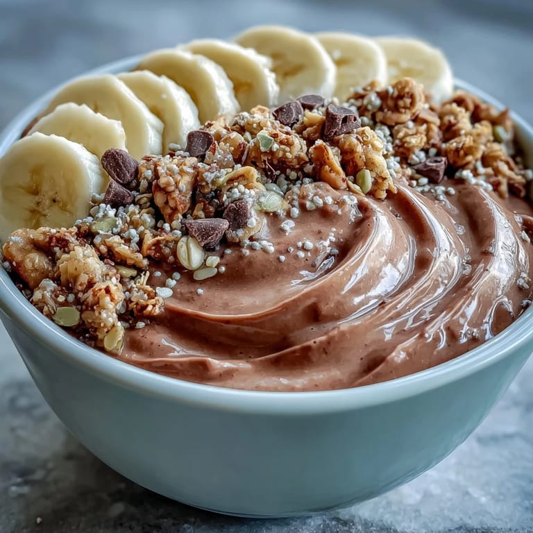 Decadent Chunky Monkey smoothie bowl sprinkled with hemp seeds and cacao nibs for texture.