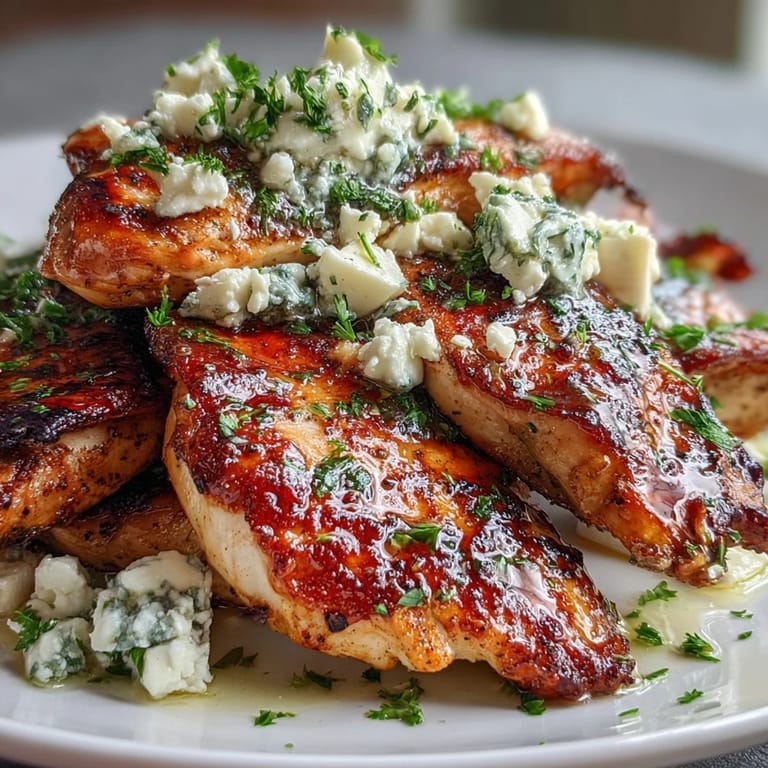 Golden seared Greek Chicken with Lemon and Feta topped with crumbled cheese and chopped herbs, served warm.