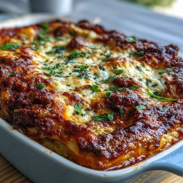 Close-up of Worlds Best Lasagna showcasing rich red marinara sauce, savory ground beef, and melted cheese topping.