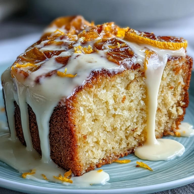 Golden crusted Heavenly Blood Orange Yogurt Cake drizzled with sweet glaze on a rustic wooden board for serving.