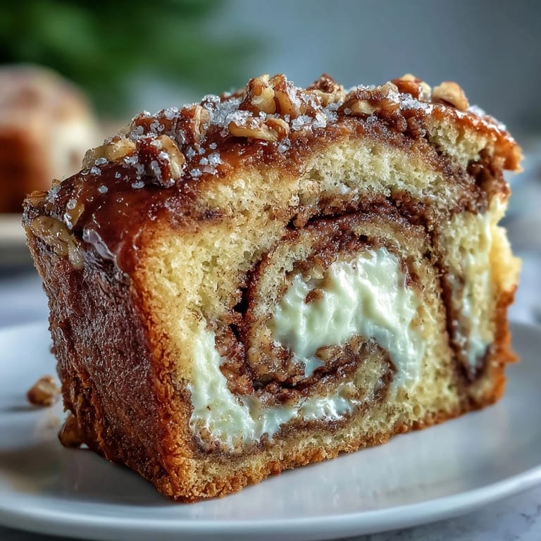 A thick slice of Cream Cheese Cinnamon Swirl Banana Bread reveals moist crumb and creamy filling on a rustic plate.