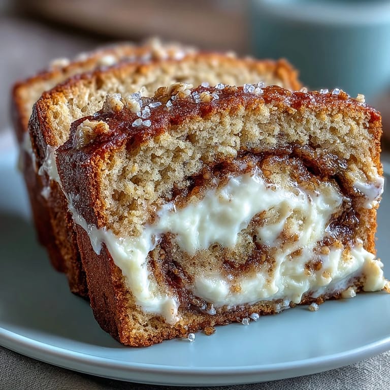 Close-up of Cream Cheese Cinnamon Swirl Banana Bread showing golden crust and visible cinnamon sugar swirl in the loaf.