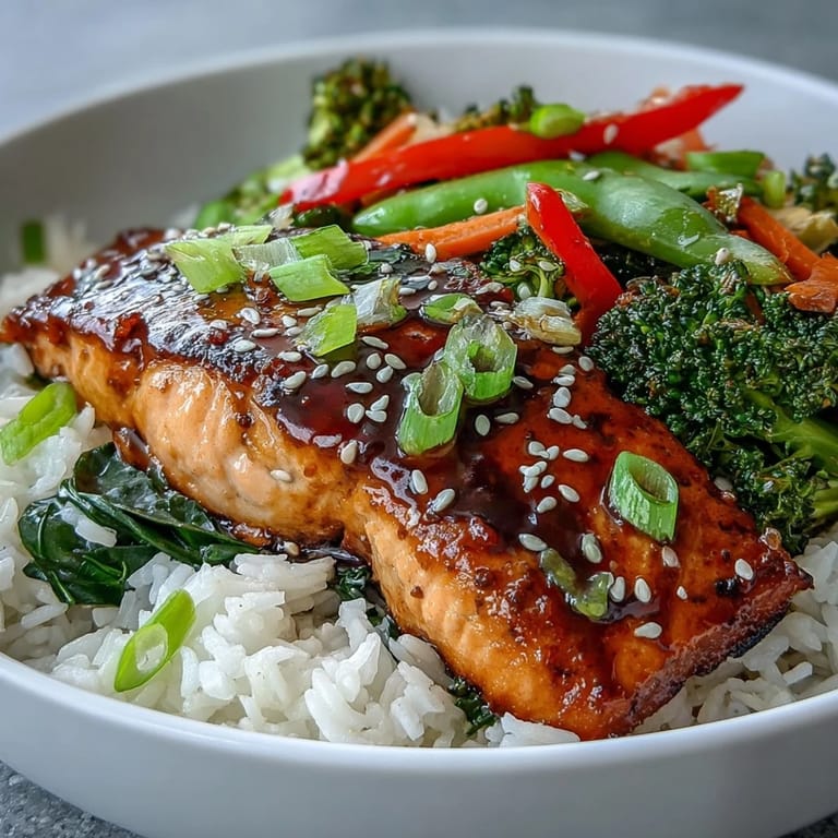 Close-up of glazed salmon in a bowl with colorful stir-fried veggies and steaming jasmine rice.