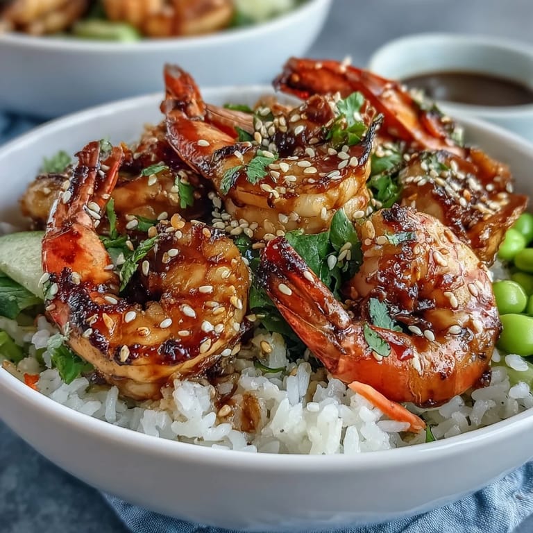 A close-up of a flavorful Asian shrimp bowl featuring julienned carrots, crisp veggies, and a drizzle of tangy ginger-sesame dressing.