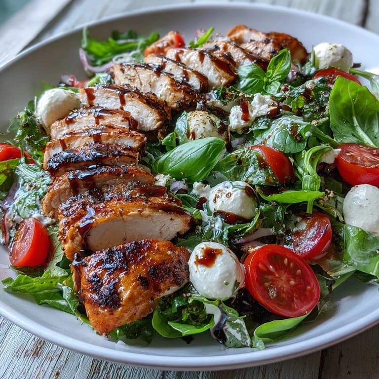 Close-up of a Caprese Chicken Bowl featuring grilled chicken, ripe tomatoes, and mozzarella, topped with balsamic reduction.