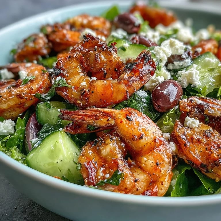 Vibrant Greek Shrimp Bowl served over greens, ready to drizzle with olive oil.