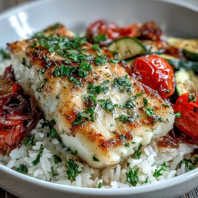A steaming Pan-Seared Fish Bowl features tender white fish, caramelized red bell peppers, and zucchini over aromatic jasmine rice.