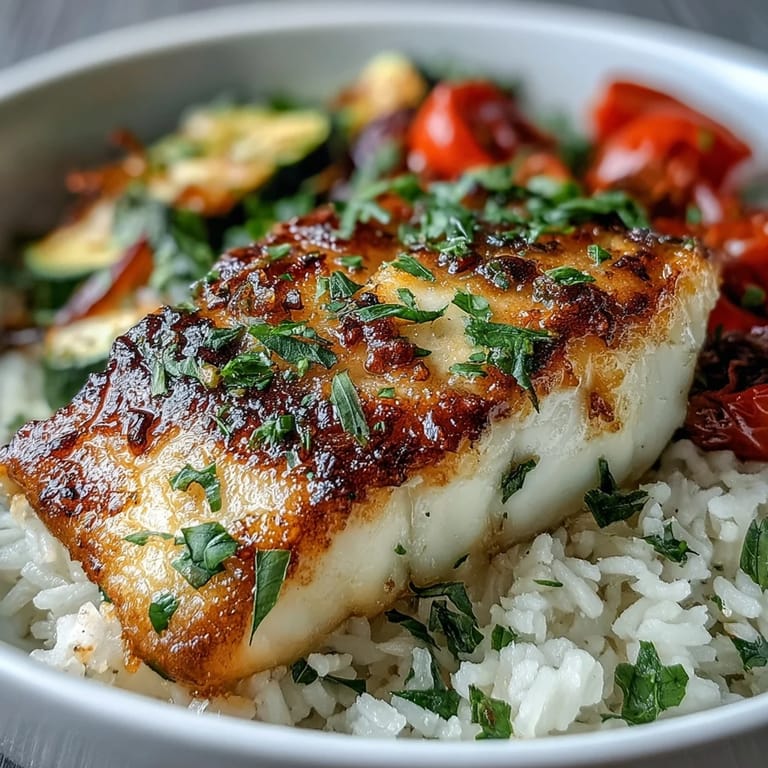 Close-up of a Pan-Seared Fish Bowl highlighting flaky white fish, cherry tomatoes, and a generous drizzle of zesty lemon sauce.
