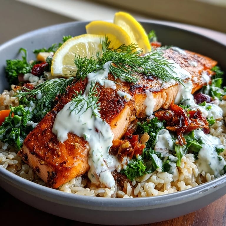 Golden, crispy rice base in a Crispy Rice Salmon Bowl surrounded by colorful bell peppers and zucchini.