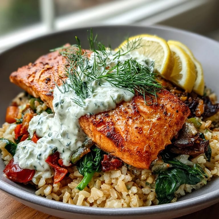 Flaky pan-seared salmon and bright Mediterranean veggies rest on crispy rice in this Crispy Rice Salmon Bowl.