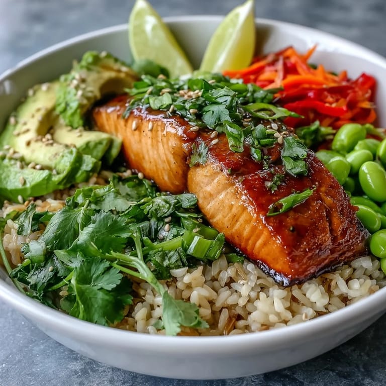A close-up of Soy Ginger Salmon Bowl featuring colorful stir-fried veggies and lime wedges for zest.
